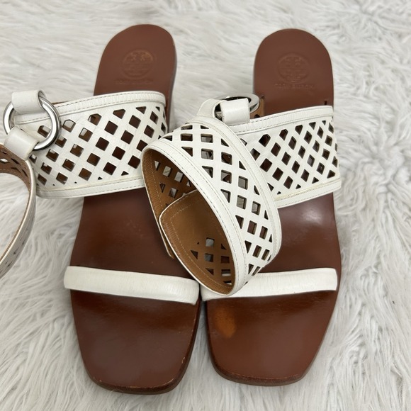 Tory Burch Woven Raffia Metallic Heeled Sandal Ivory Natural 9M Ankle Wrap Strap - Picture 10 of 12